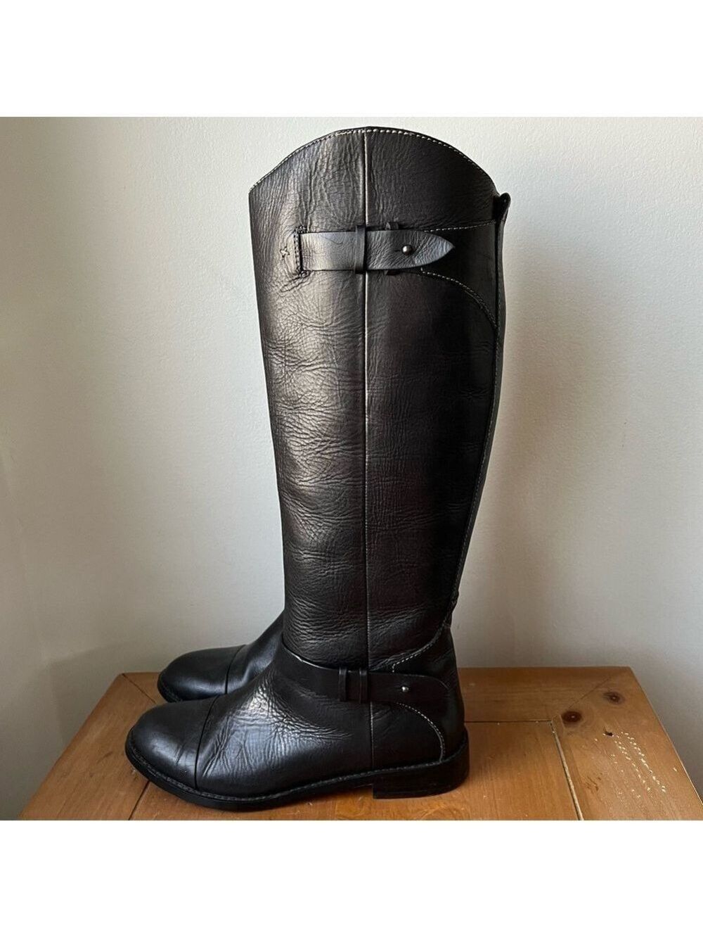 Halogen Women’s Kate Black Tall Leather Riding Boots White Stitching 6.5